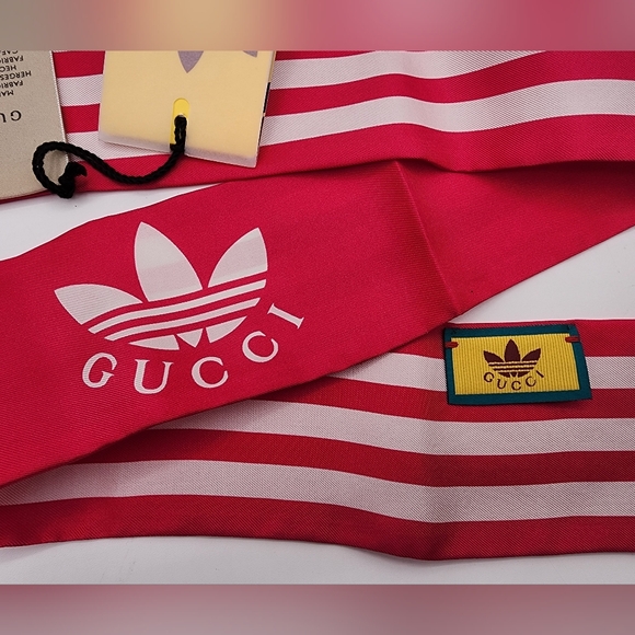 Gucci x Adidas Red & White Striped Silk Scarf NWT - Picture 4 of 9